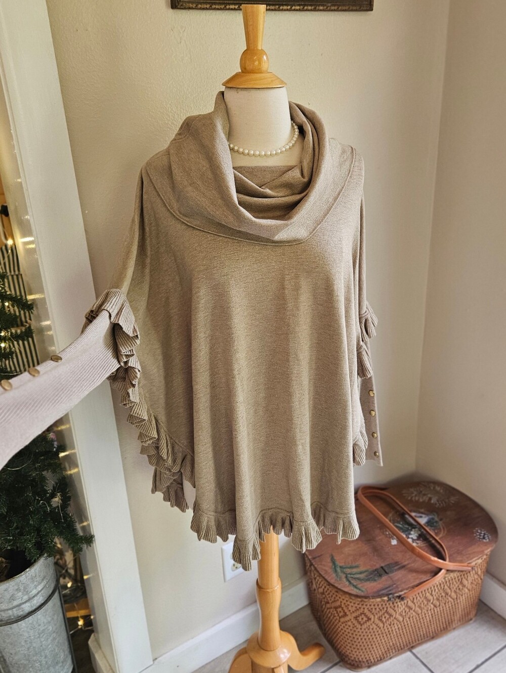 Taupe Cowl Neck Women's Sweater Ruffle Poncho